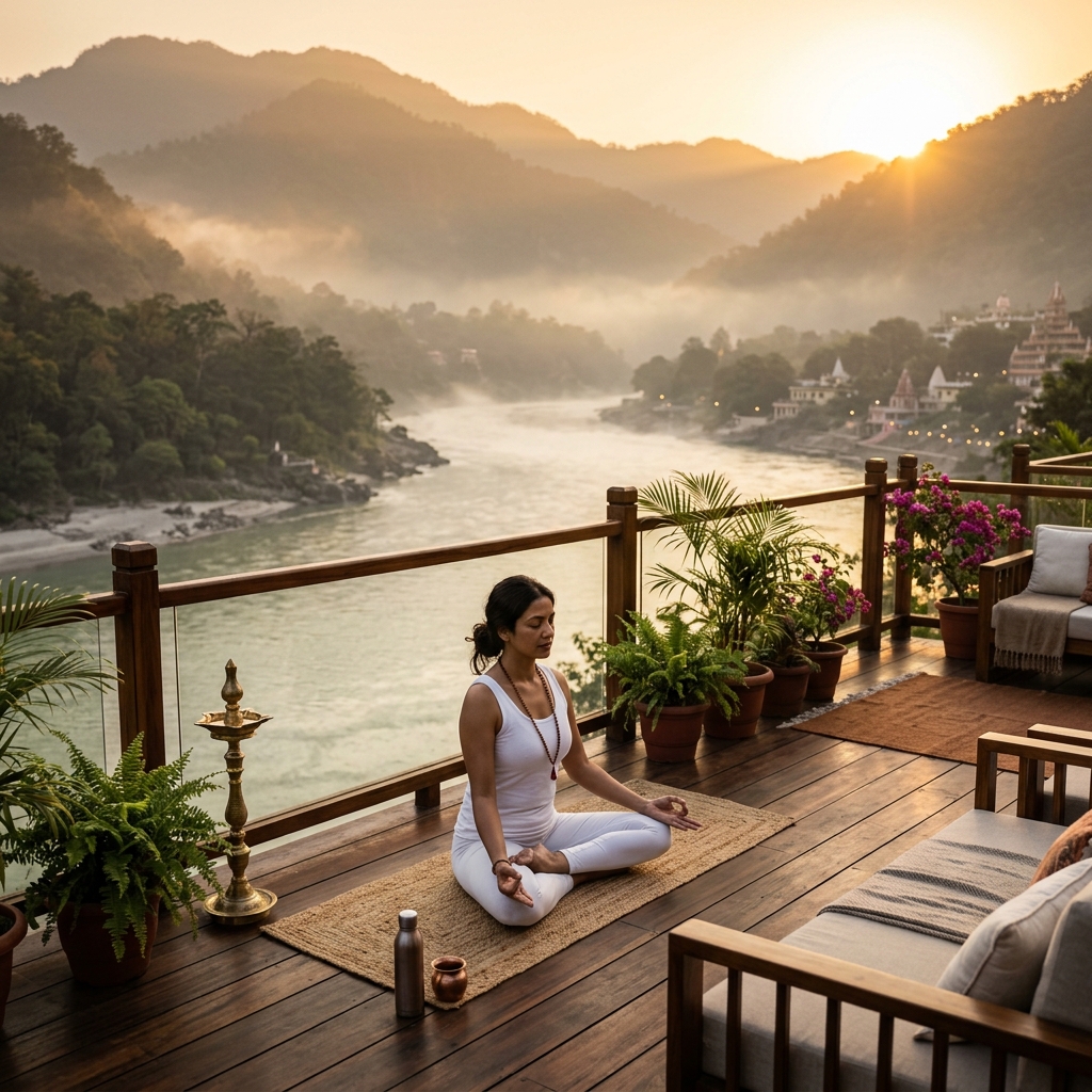 Yoga at sunrise overlooking the Ganges at Tisya Resort