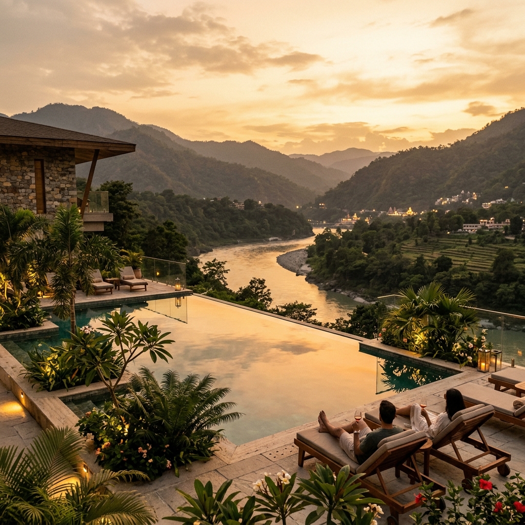 Tisya Resort Infinity Pool overlooking the Ganges